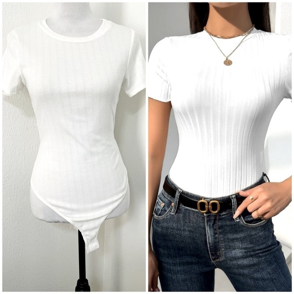 LE LIS Collection Women’s NWOT Crewneck Ribbed Knit Tee Bodysuit White Medium - Picture 1 of 8